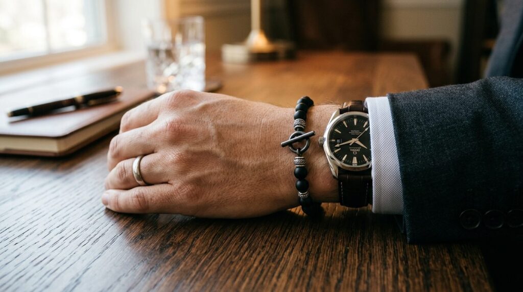 Close-up lifestyle shot of a well-dressed mans wrist wearin