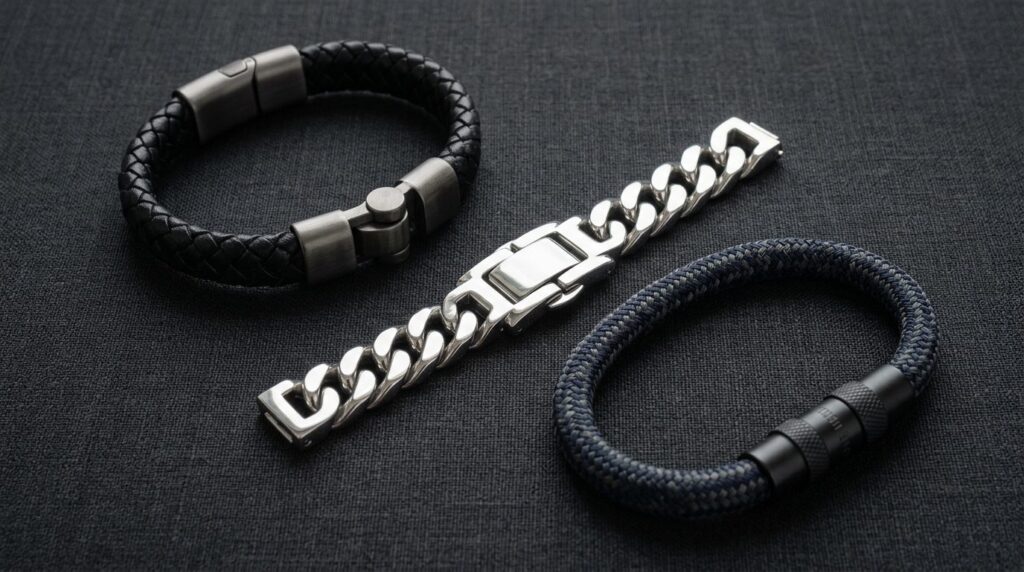 Flat-lay luxury product photography of mens bracelet collec