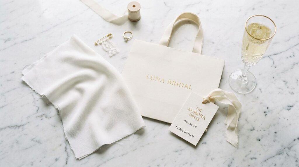 Flat lay photography of elegant simple wedding dress details