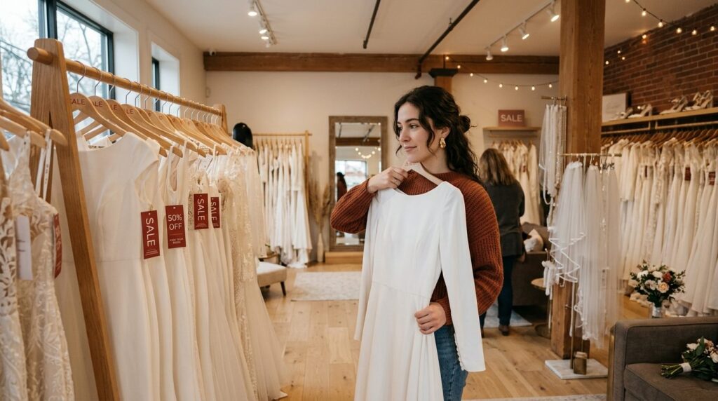 Young woman browsing wedding dresses on sale rack in contemp