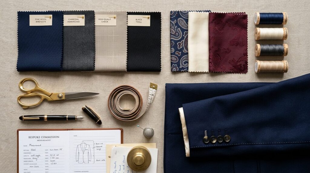 Overhead flat lay composition of luxury wedding suit materia