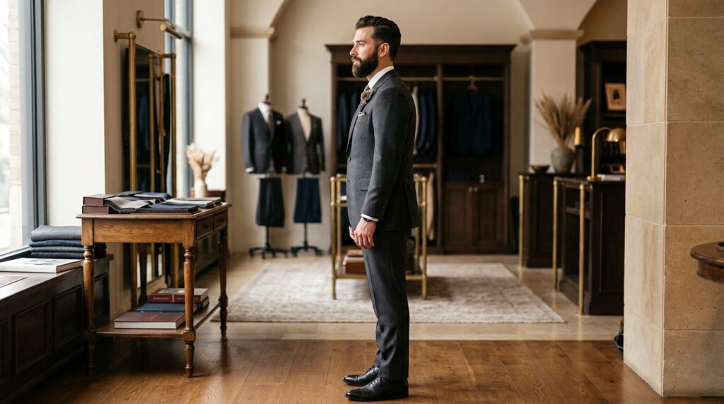 Groom wearing a perfectly tailored wedding suit jacket and d