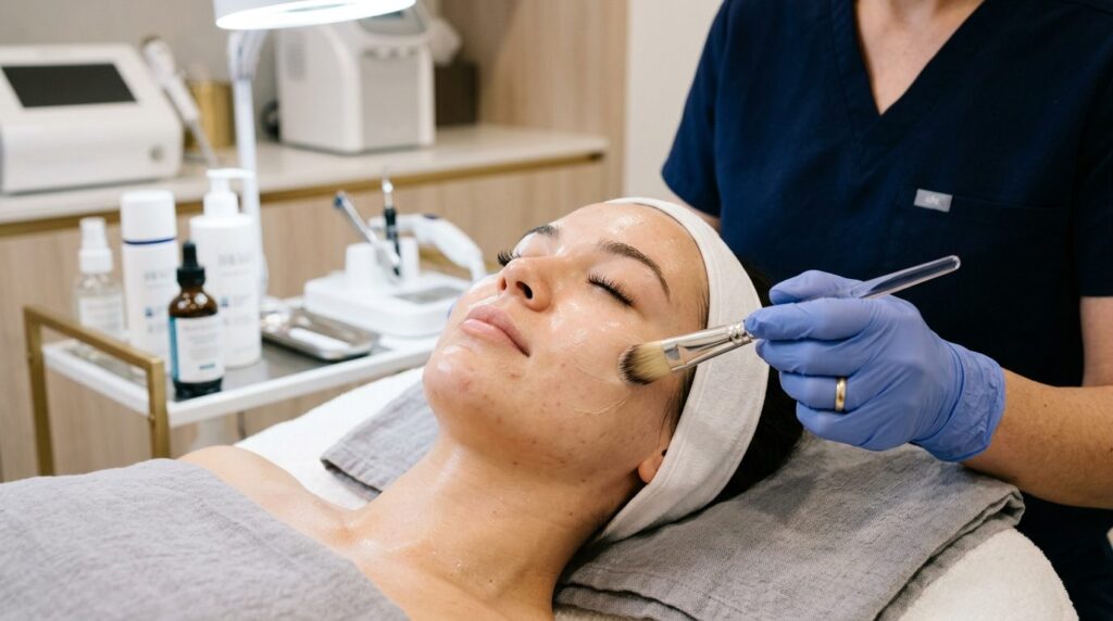 Close-up of womans face during professional facial treatmen