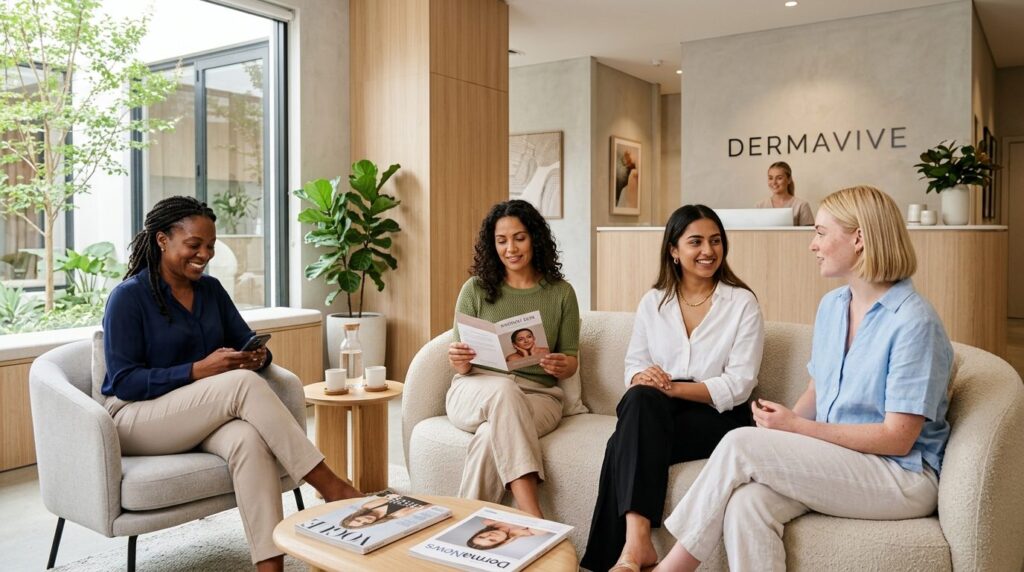 Group of diverse women with different skin types in modern b