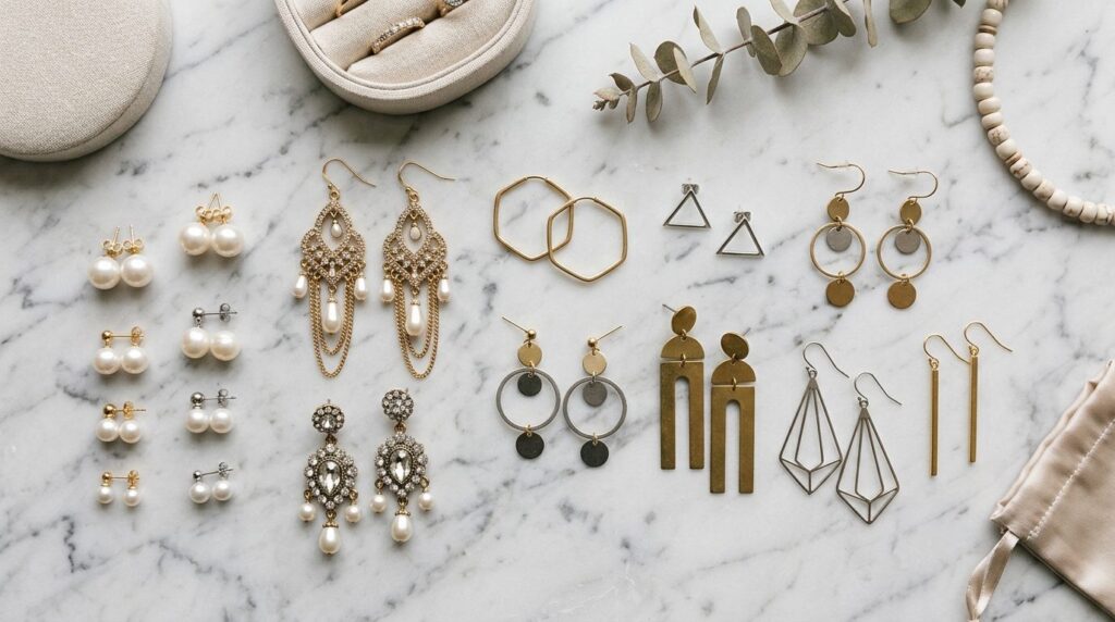 Flat lay fashion styling shot of various earring styles arra
