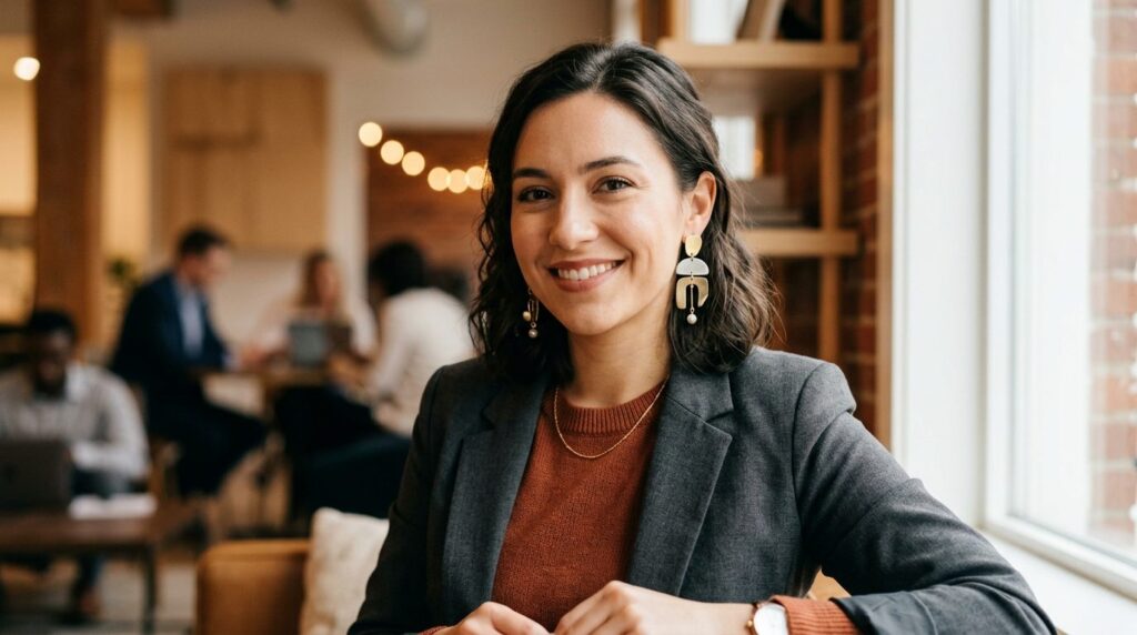 Young woman in business casual outfit wearing statement drop
