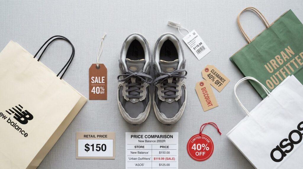 Flat lay overhead shot of New Balance 2002R shoes surrounded