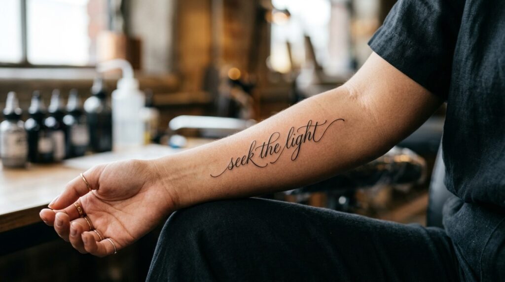 Close-up detail shot of a contemporary script tattoo on skin