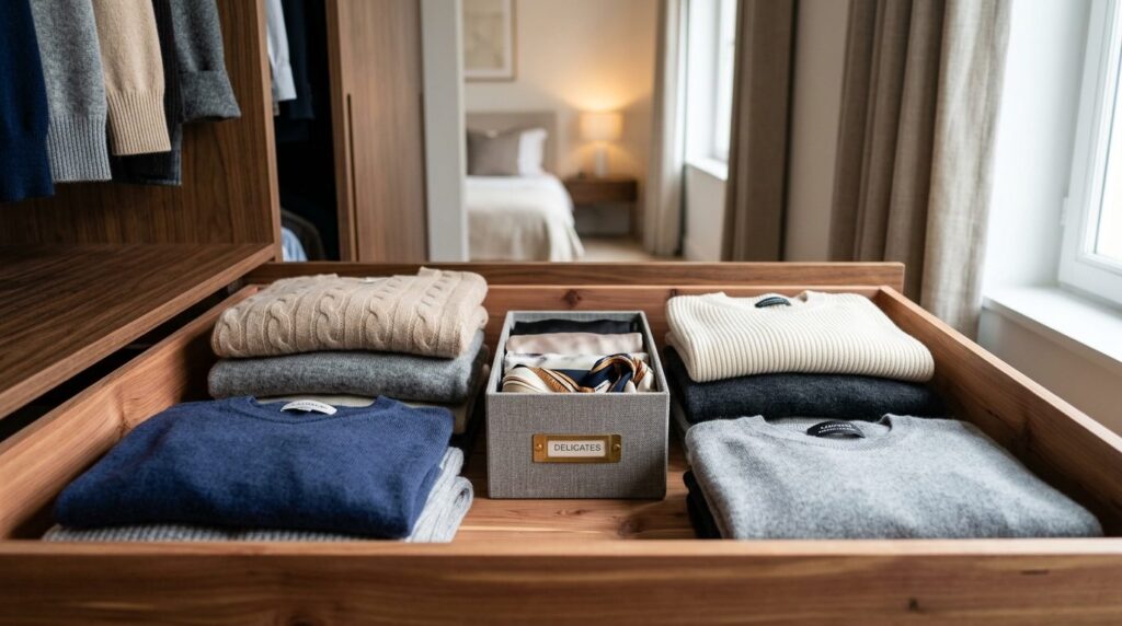 Close-up professional photograph of folded designer clothing